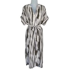 MAHINA Brown Cream Abstract V-Neck Short Sleeve Belted Maxi Dress Cover Up Small